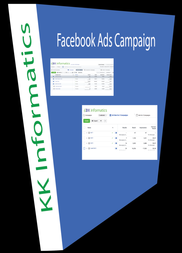 Visual representation of Facebook Ads service package offering, including campaign setup, targeting, creative design, and analytics.